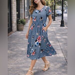 Floral Midi Dress Boutique Small Blue Floral Print Elastic Waist Pockets Stretch